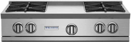 RGTNB364GV2 BlueStar 36" Natural Gas Rangetop - 4 Burners with 12" Griddle - Stainless Steel