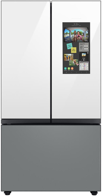 RF30BB69006MAA Samsung 36" Bespoke 3-Door French Door Refrigerator - with Top Left and White Glass Family Hub in White Glass - and Matte Grey Glass Bottom Panel