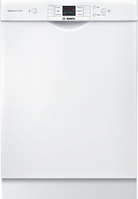 SHEM3AY52N Bosch 24" 100 Series Ascenta Front Control Dishwasher with Sanitize Option and Variable Spray Pressure - White