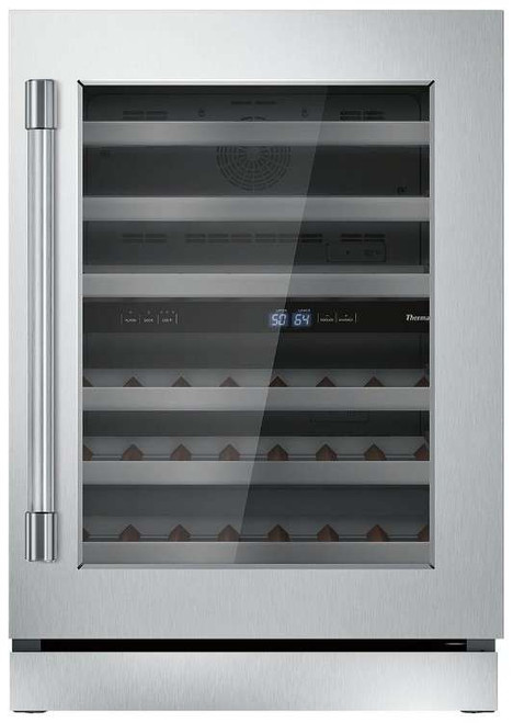 T24UW920RS Thermador 24" Under-Counter Glass Door Dual Zone Wine Cooler with SoftClose Hinges and LED Theater Lighting - Stainless Steel with Professional Handle - Right Hinge