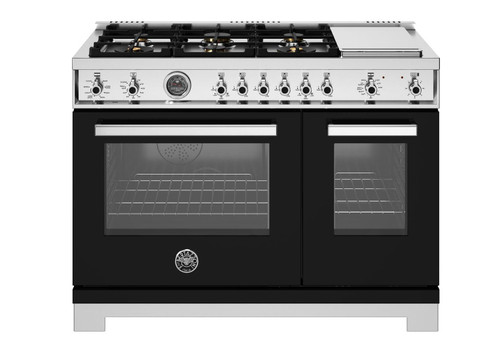 PRO486BTFEPNET Bertazonni 48" Professional Series Dual Fuel Range with Electric Oven and 6 Brass Burners + Griddle - Nero Black