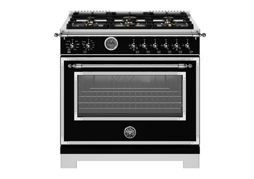 HER366BCFEPNET Bertazonni 36" Heritage Series Dual Fuel Range with Electric Oven and 6 Brass Burners + Griddle - Nero Black