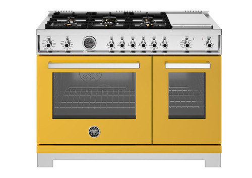 PRO486BTFEPGIT Bertazonni 48" Professional Series Dual Fuel Range with Electric Oven and 6 Brass Burners + Griddle - Giallo Yellow