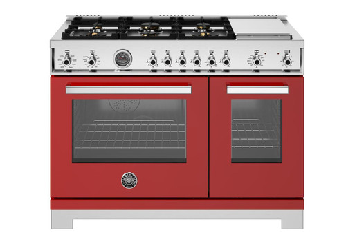 PRO486BTFEPROT Bertazonni 48" Professional Series Dual Fuel Range with Electric Oven and 6 Brass Burners + Griddle - Rosso Red