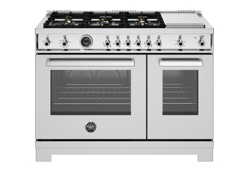 PRO486BTFGMXT Bertazonni 48" Professional Series Gas Range with 6 Brass Burners and Griddle - Natural Gas - Stainless Steel