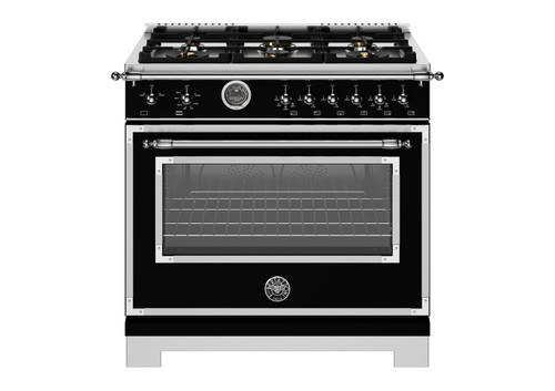 HER366BCFGMNET Bertazonni 36" Heritage Series Gas Range with 6 Brass Burners and Griddle - Nero Black