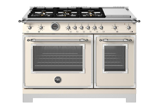 HER486BTFGMAVT Bertazonni 48" Heritage Series Gas Range with 6 Brass Burners and Griddle - Avorio Ivory