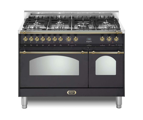 RKOD48MMG700 Lofra Dolcevita Series 48" Dual Fuel Double Oven Range with 7 Brass Burners - Matte Black with Brass Trim