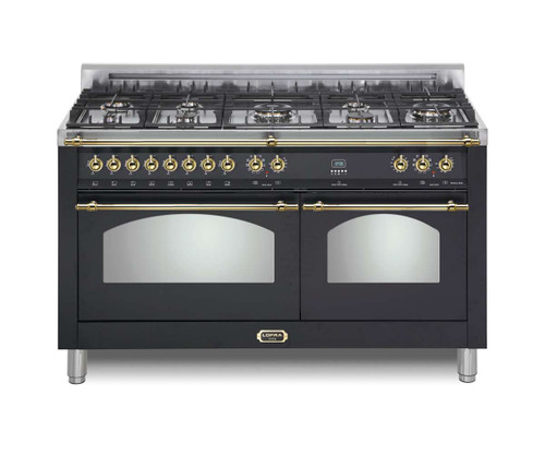 RKOD60MMG800 Lofra Dolcevita Series 60" Dual Fuel Double Oven Range with 8 Brass Burners - Matte Black with Brass Trim