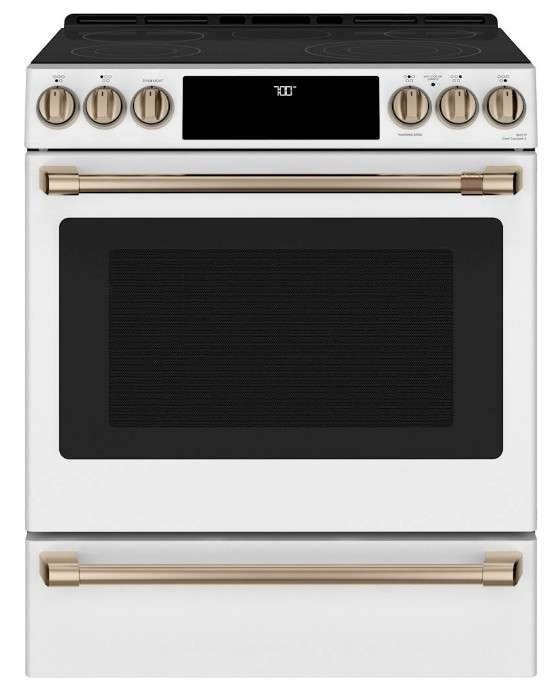 CES700P4MW2 Cafe 30" Slide-In Electric Range with Front Controls with True European Convection - Matte White with Brushed Bronze Handles and Knobs