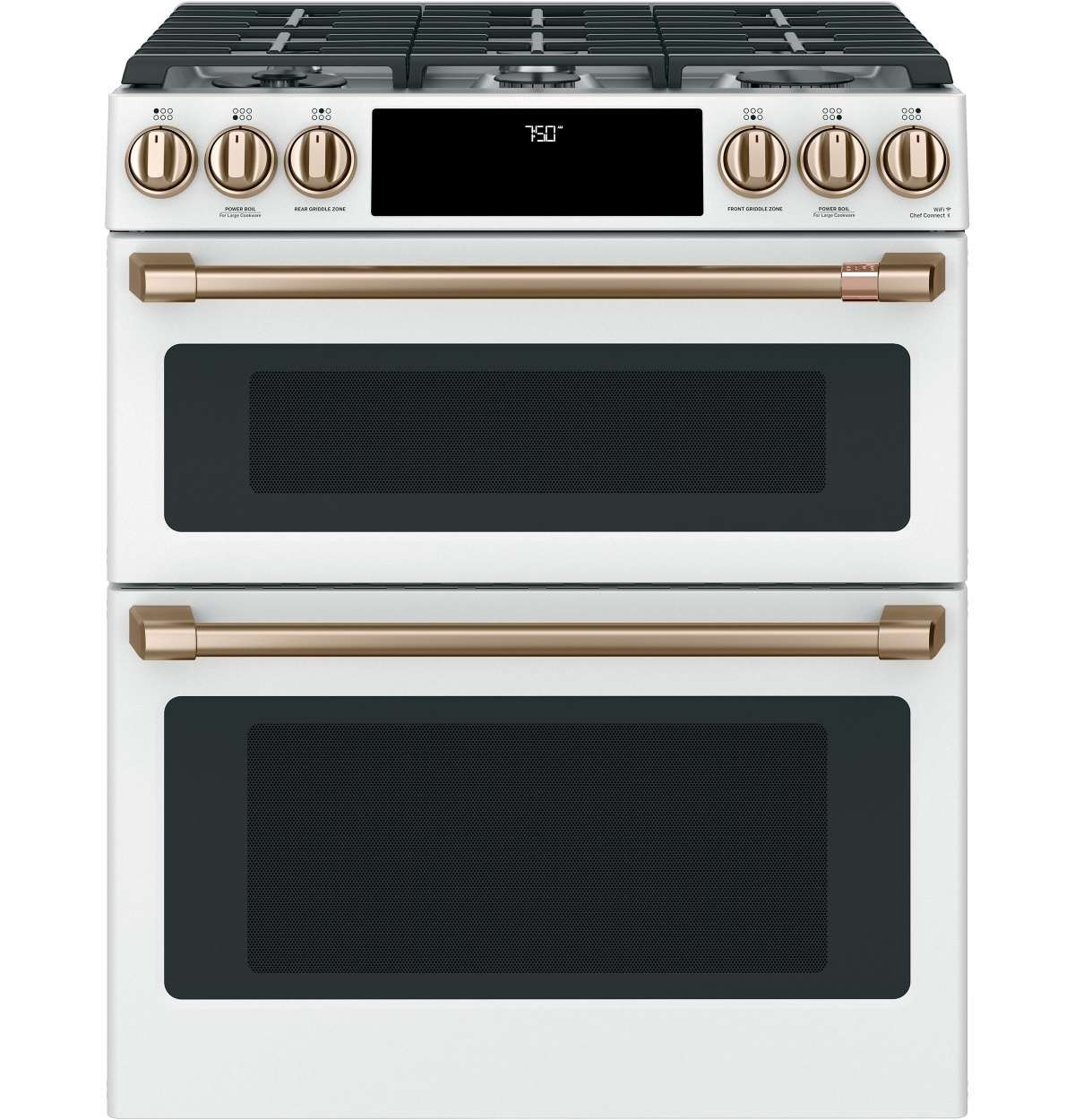 CGS750P4MW2 Cafe 30" Slide-In Gas Range with Front Controls and Double Oven - Matte White with Brushed Bronze Handles and Knobs