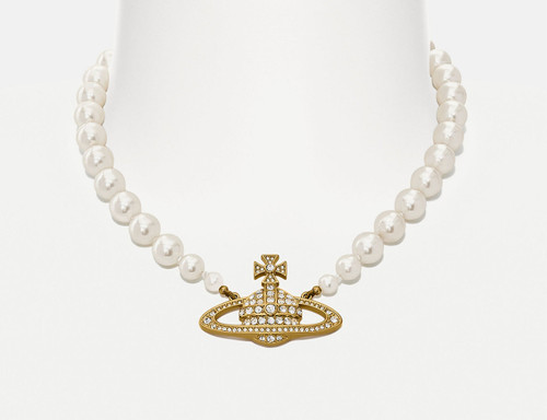 Vivienne Westwood One Row Pearl Bas Relief Choker platinum