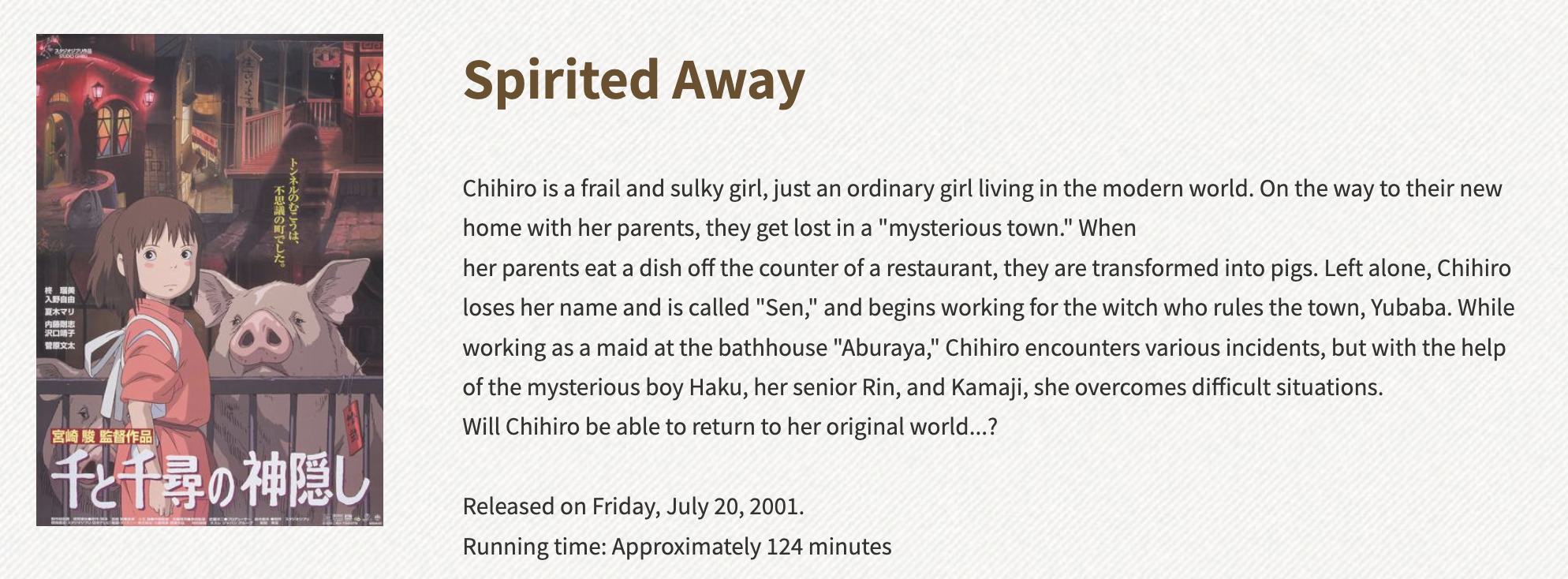 Spirited Away studio brillantine toronto canada