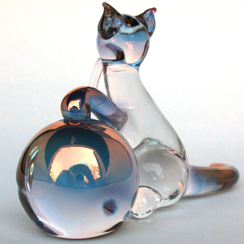 Hand Blown Glass Cat with Yarn Figurine Prochaska Gallery