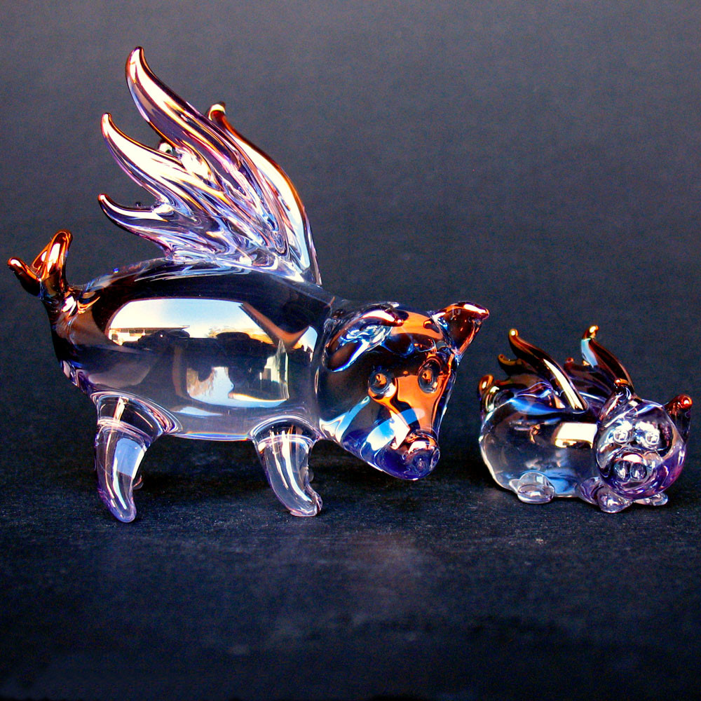 Hand Blown Glass Flying Pigs Mother and Baby Set - Prochaska Gallery