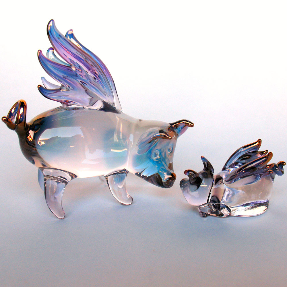Hand Blown Glass Flying Pigs Mother and Baby Set - Prochaska Gallery