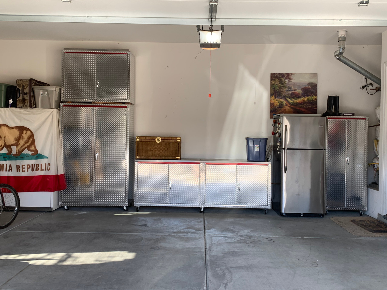 Customer Garage Pictures, 8' Base Cabinet, Large Locker and Small Locker with an Overhead Cabinet