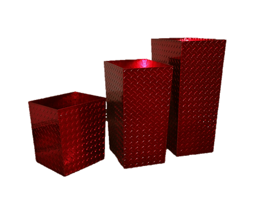 Diamond Plate Trash Cans, Three Sizes, Red Shown