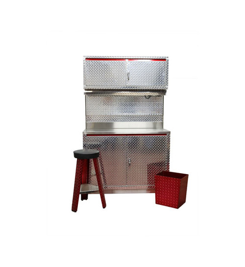 Diamond Plate 4ft Base and Upper Cabinet, Shown with light, peg board and red shop stool and trash can Diamond Plate 4ft Base and Upper Cabinet, Shown with light, peg board and red shop stool and trash can