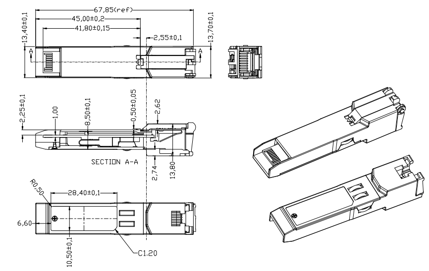 QFX-SFP-1GE-T-FL Mechanical Dimensions