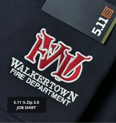 5.11 job shirt in navy with wfd custom embroidery design in red outlined in white