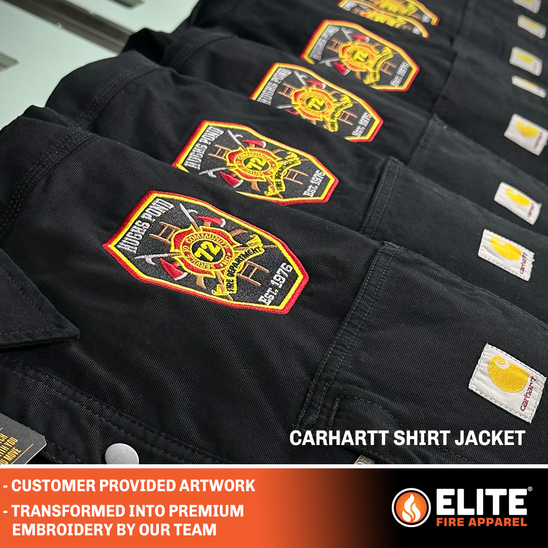 custom embroidered hughs pond patch on left chest of carhartt shirt jacket
