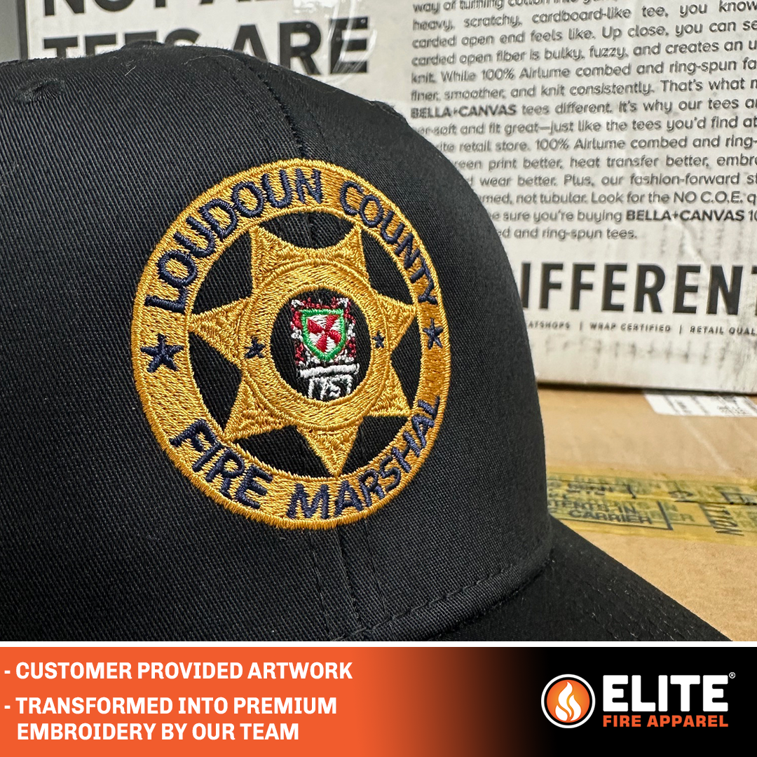 black hat with custom fire department logo for loudoun county fire marshal
