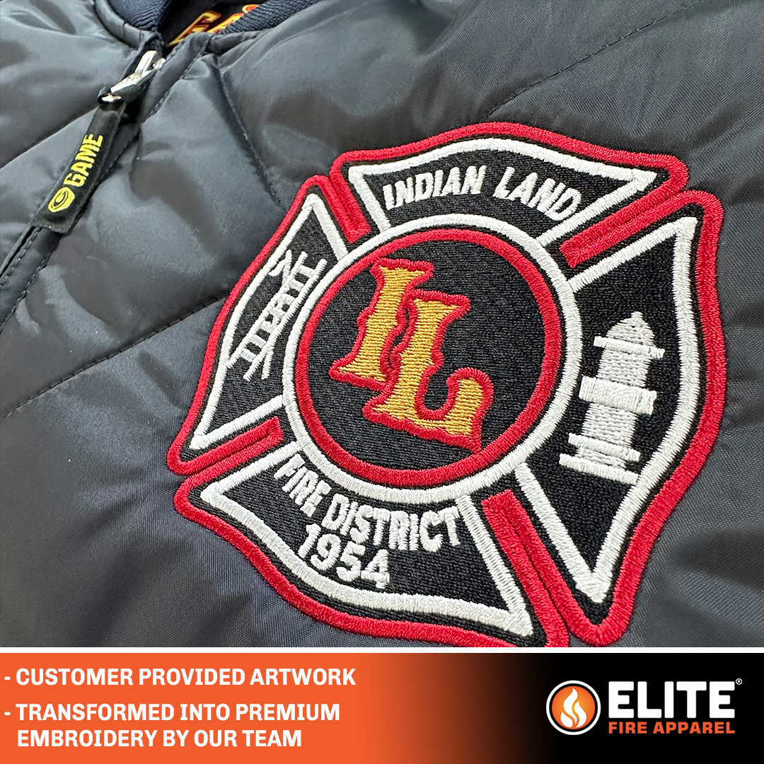 navy quilted jacket with fire department patch embroidery on left chest using indian land fire district maltese cross logo