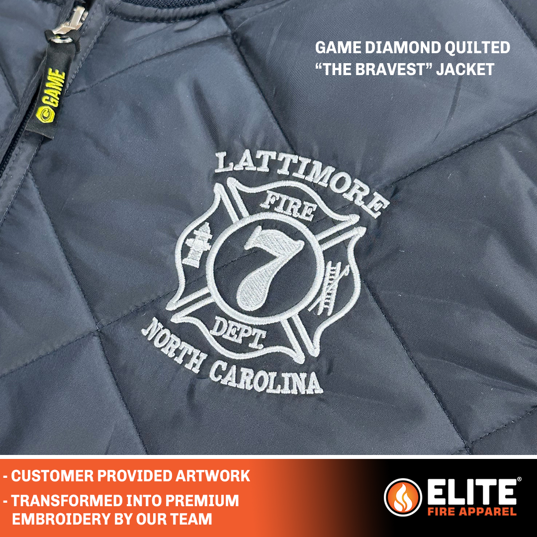 Game quilted jacket with custom firefighter patch embroidered on the front lattimore north carolina
