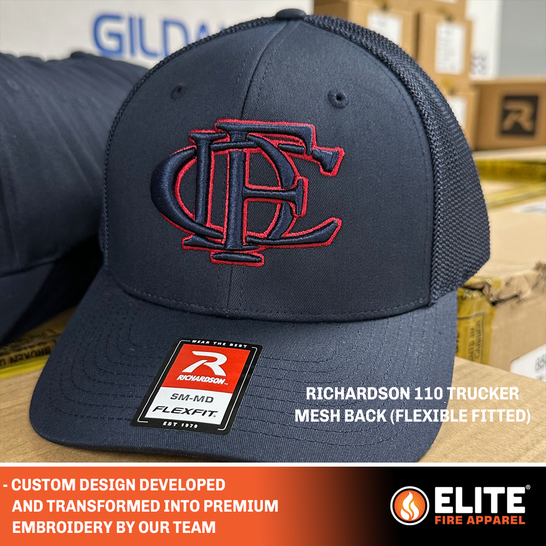 navy hat with firefighter scramble CFD letters embroidered in navy outlined in red