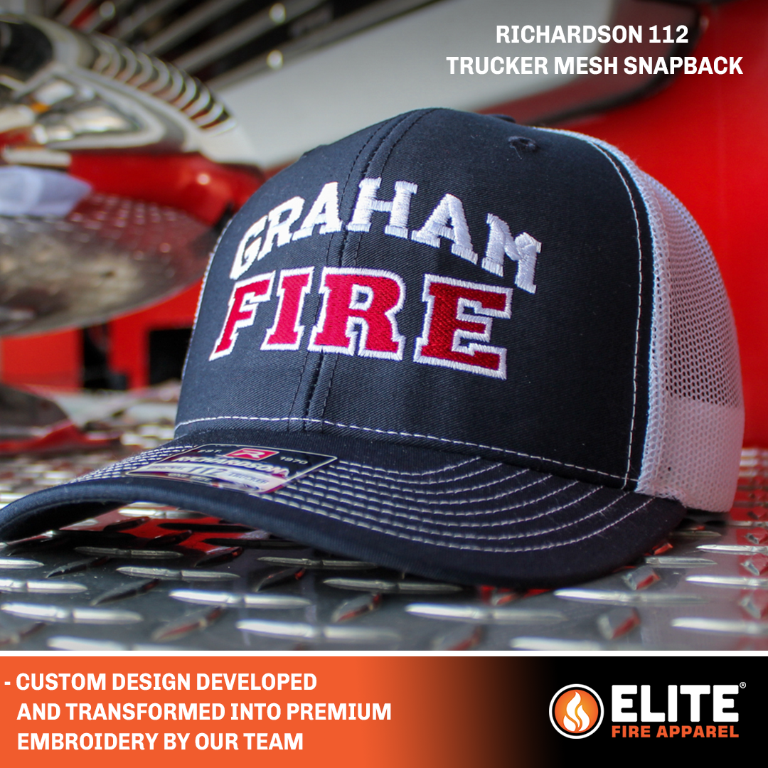 richardson 112 hat with custom embroidered fire department design