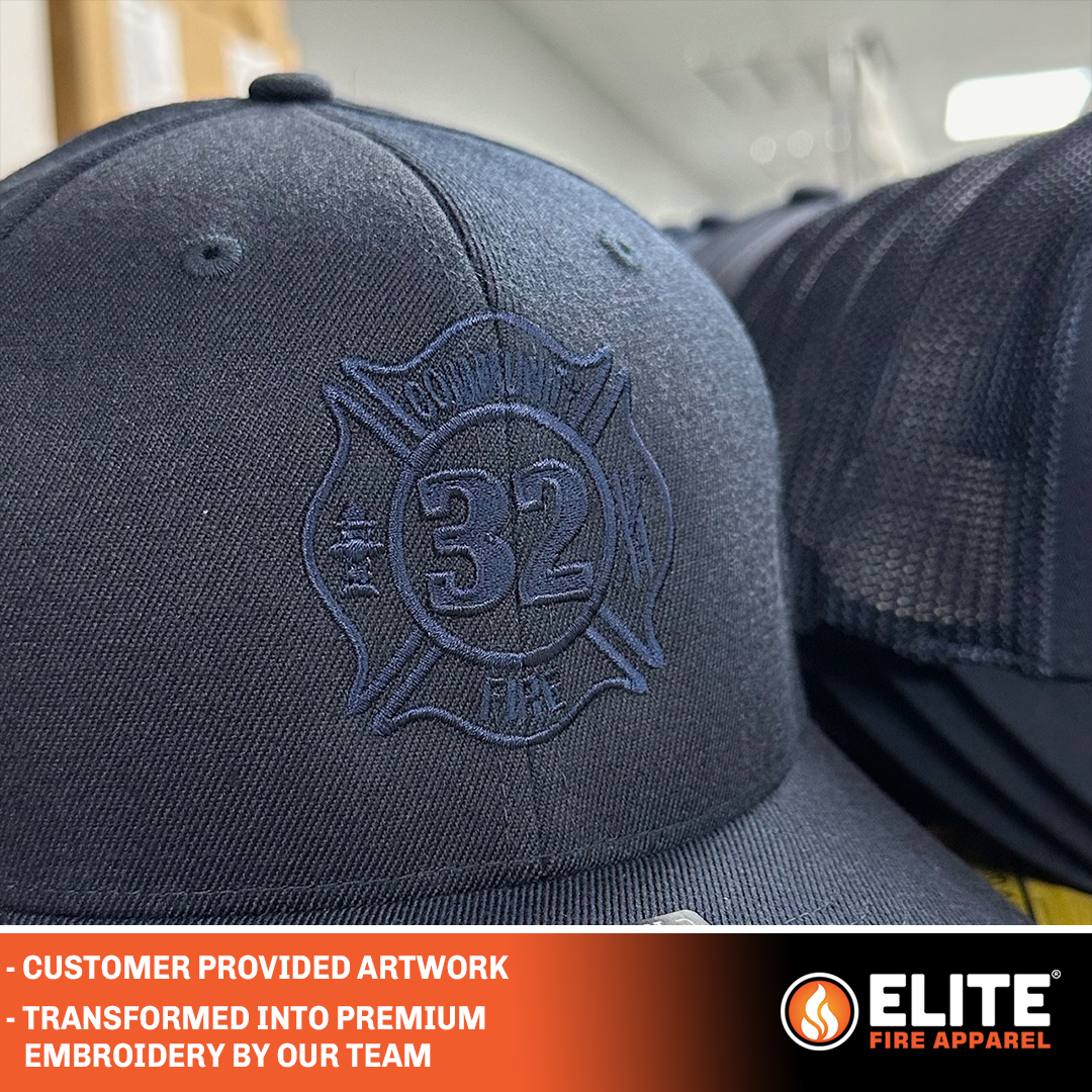 navy hat with maltese cross logo made for community fire station 32