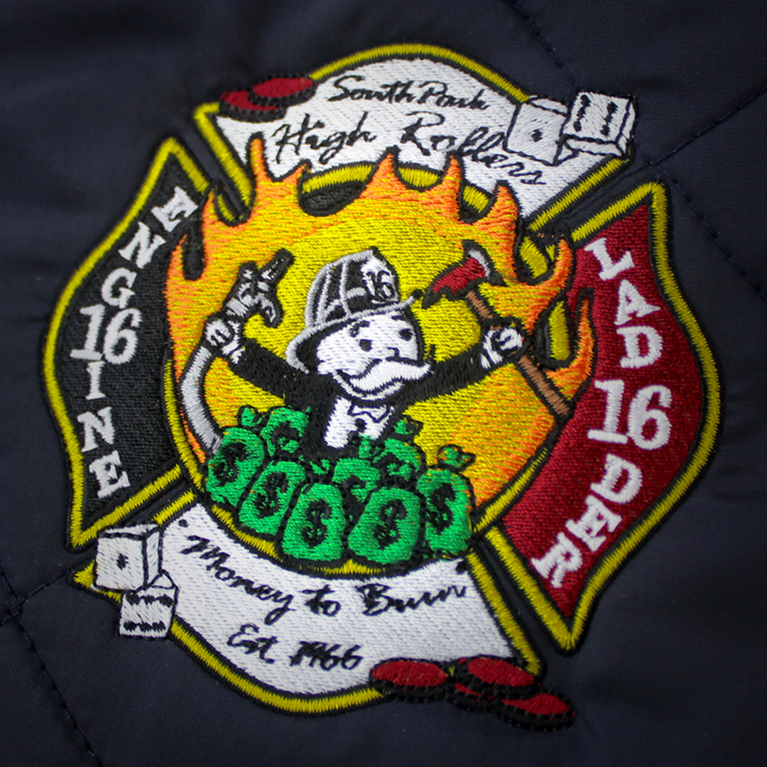 Embroidered firefighter jacket; "Money to Burn" graphic