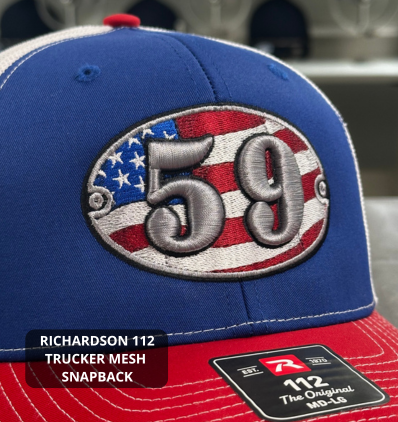 custom embroidered oval with american flag and number 59 in silver outlined in black