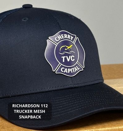 navy richardson 112 with uv printed firefighter maltese cross design  on the front of the hat