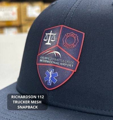 navy richardson 112 with uv printed firefighter badge logo on the front of the hat