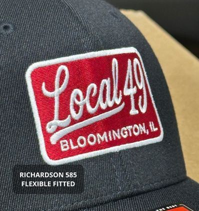 black richardson 585 hat with local 49 patch in red and white thread