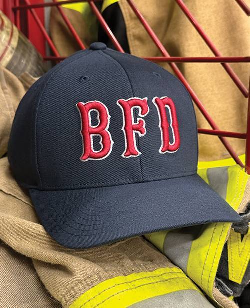 Navy cap with embroidered "BFD" for firefighters