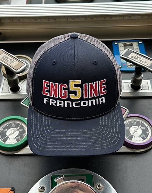 Embroidered fire department cap; ENG5INE FRANCONIA
