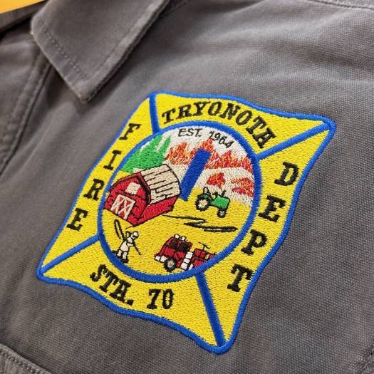 Embroidered Tryonota Fire Dept. patch on gray material