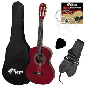 Tiger Left Handed 1/2 Size Red Kids Classical Guitar Package