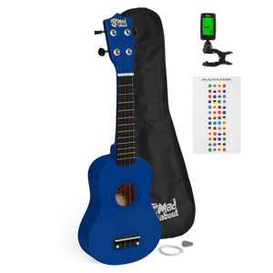 Mad About Blue Soprano Ukulele Starter Pack including a protective gig bag, clip-on digital tuner, spare strings, plectrum and colourful fretboard note stickers. Complete beginner ukulele set for children, students and first-time players.