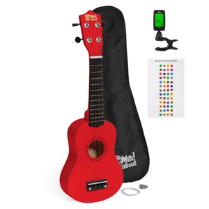 Mad About Red Soprano Ukulele Starter Pack including a protective gig bag, clip-on digital tuner, spare strings, plectrum and colourful fretboard note stickers. Complete beginner ukulele set for children, students and first-time players.