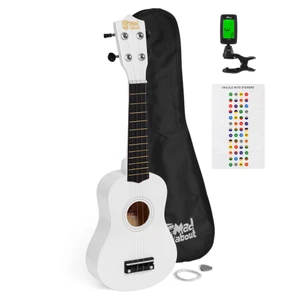 Mad About White Soprano Ukulele Starter Pack including a protective gig bag, clip-on digital tuner, spare strings, plectrum and colourful fretboard note stickers. Complete beginner ukulele set for children, students and first-time players.