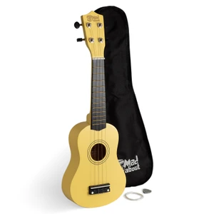 Mad About Pastel Yellow Soprano Beginners Ukulele Starter Pack including a protective gig bag, spare strings and plectrum. Complete beginner ukulele set for children, students and first-time players.