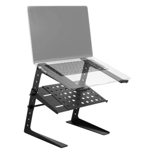 Tiger adjustable laptop DJ stand with perforated metal tabletop and raised arms, black steel construction