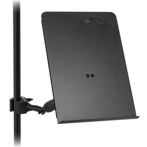 Tiger clamp‑on music bookplate with detachable mounting arm attached to a music stand, black finish.