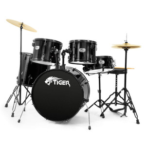 Tiger Full Size Acoustic Drum Kit, 5 Piece Drum Set with Stands & Cymbals Black