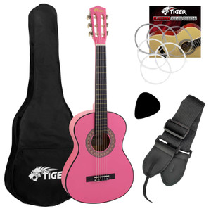 Tiger 3/4 Size Childrens Classical Guitar Pack with Gig Bag, Strap & Picks- Pink