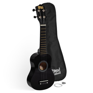 Mad About Black Soprano Beginners Ukulele Starter Pack featuring a glossy black finish, protective gig bag, spare carbon strings and plectrum. Complete beginner ukulele set for children, students and first-time players.